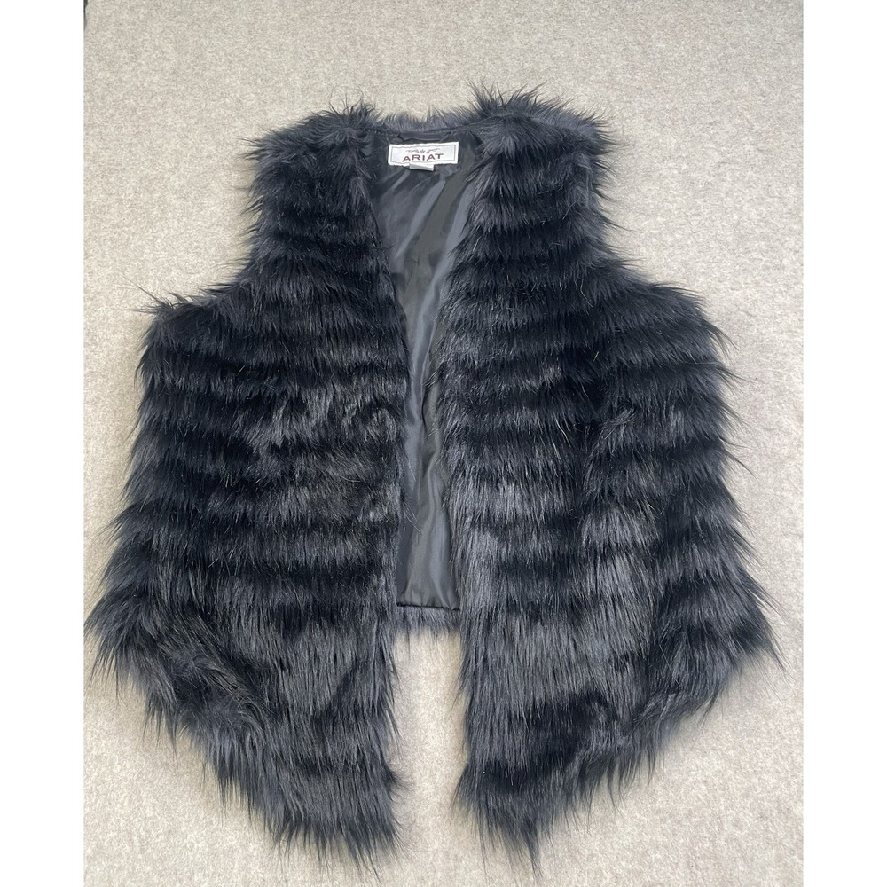 Ariat Vest Womens Med Black Faux Fur Shaggy Lined Western Pockets Boho Tunic